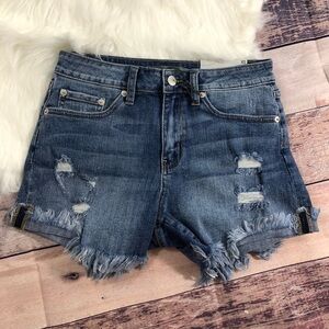 High-Rise Cuffed Distressed Denim Shorts